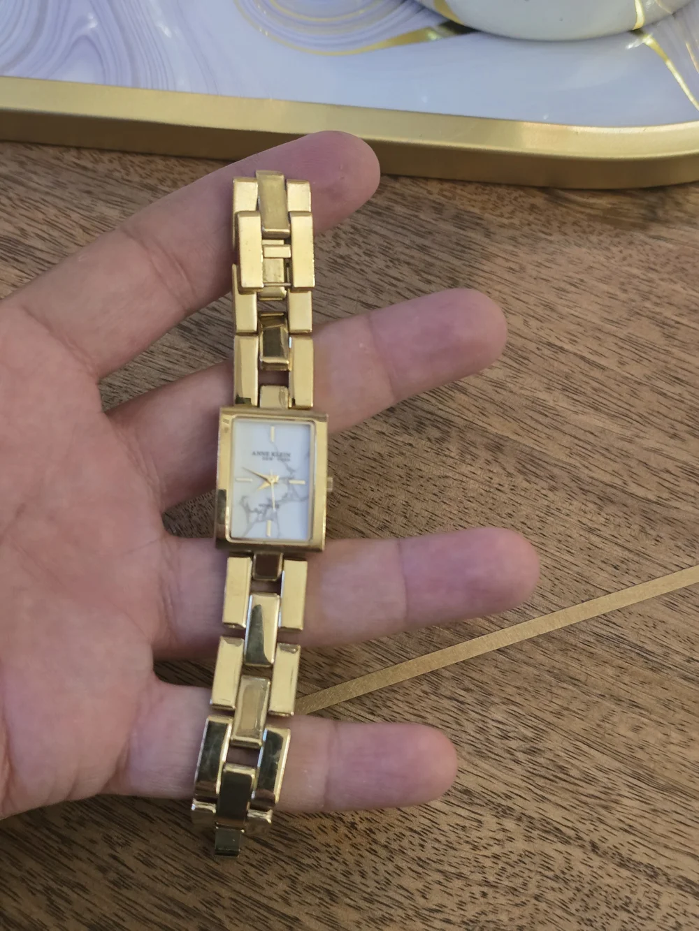 Anne Klein Gold-Tone Howlite Rectangular Bracelet Watch
